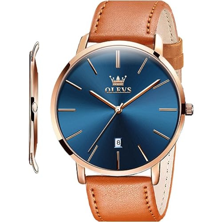Dress Watch Ultra Thin - OLEVS Heren lederen horloges Zwart ultradun