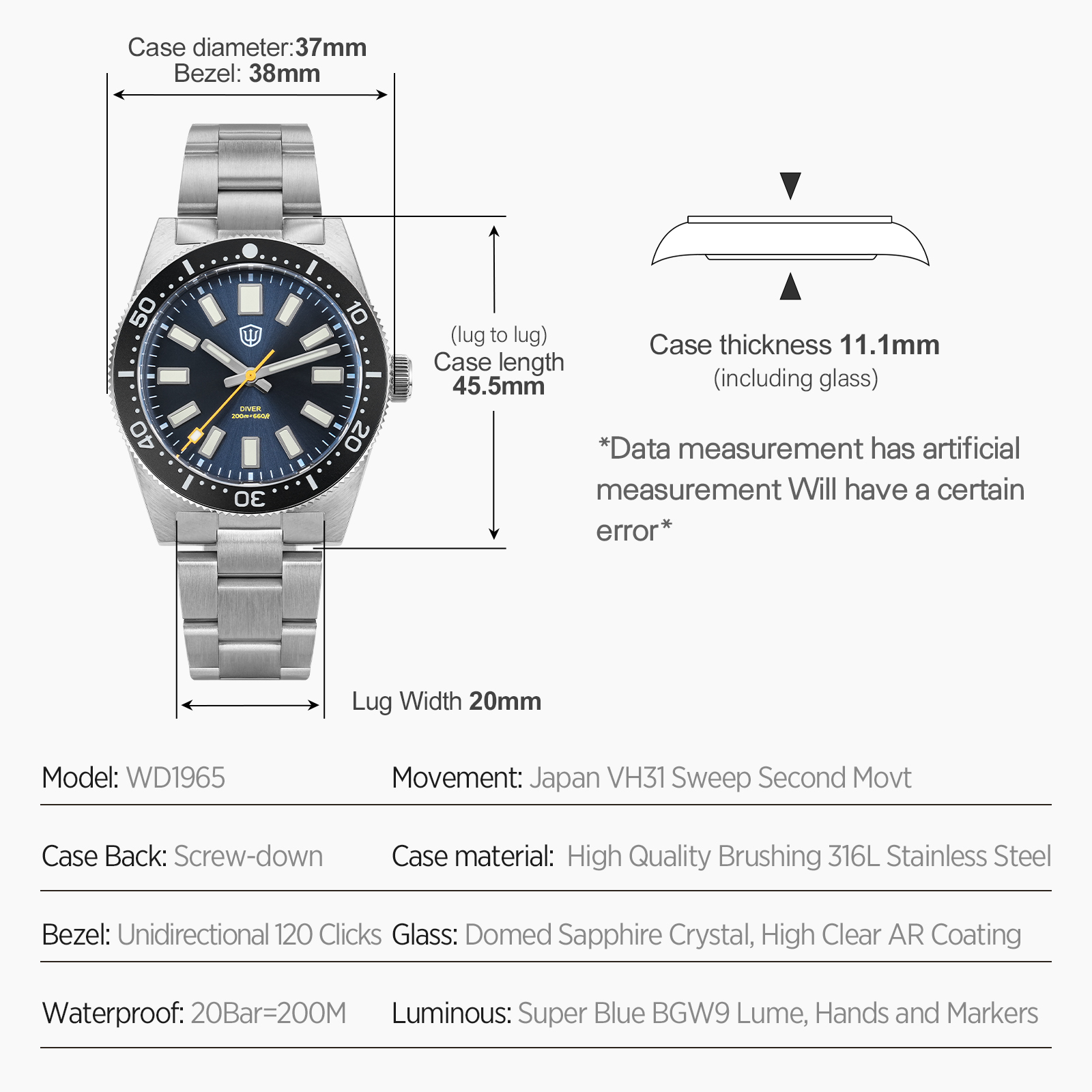 Watchdives 37Mm WD1965 V2 Man  - Luxury Watch With Bracelet recensie en prijs